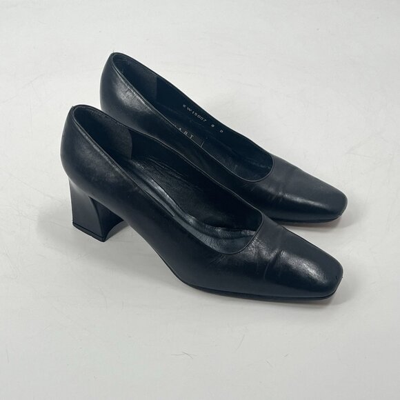 Vtg Stuart Weitzman Black Leather Block Heel Pumps Witchycore Sz 8 - Picture 2 of 8